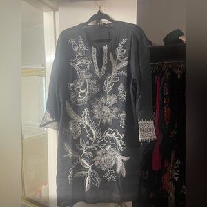 Johnny Was Black Dress with White Embroidery